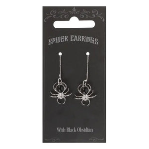 Gothic Black Obsidian Spider Threader Earrings